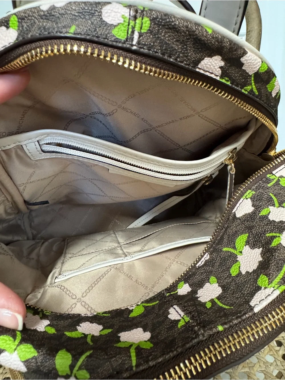 Michael Kors Brown Floral Mini Backpack with Pink Flowers & Green Leaves